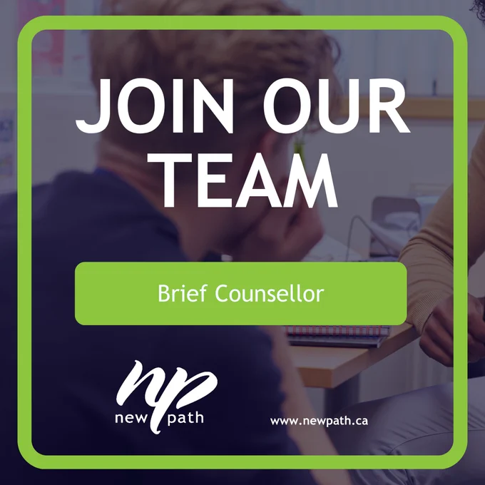 Two people in a counseling session with text inviting to join the team as a Brief Counsellor at New Path.