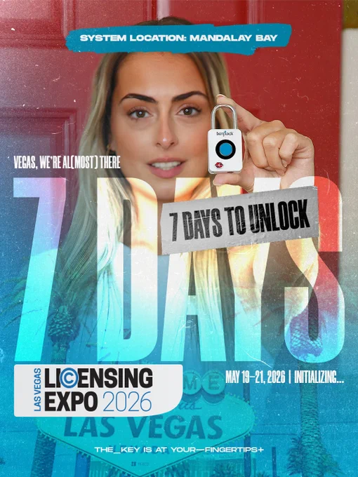 BenjiLock announces its participation in the 2026 Licensing Expo at Mandalay Bay in Las Vegas. The post highlights a 7-day countdown to the event, includes a registration link for attendees, and emphasizes themes of innovation, security, and unlocking potential under the hashtag #UnlockYourPotential.