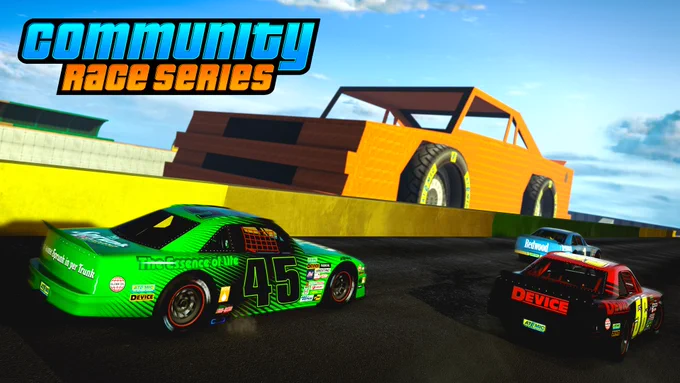Community Race Series event poster featuring cars racing past a giant yellow model of a car. 