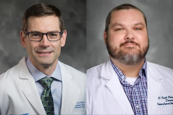 A split-screen image featuring the professional headshots of Dr. Matthew Hartwig (on the left) and Dr. Keith Reeves (on the right), both wearing their white coats