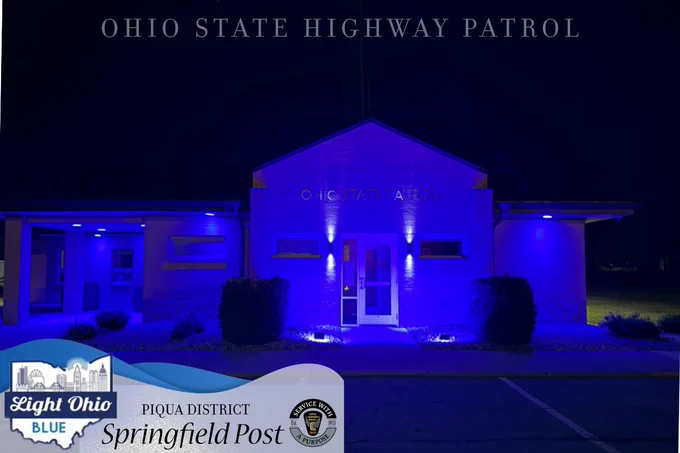 The Springfield Patrol Post lit up with blue lights in honor of National Police Week. 