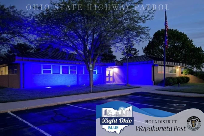 The Wapakoneta Patrol Post lit up with blue lights in honor of National Police Week. 