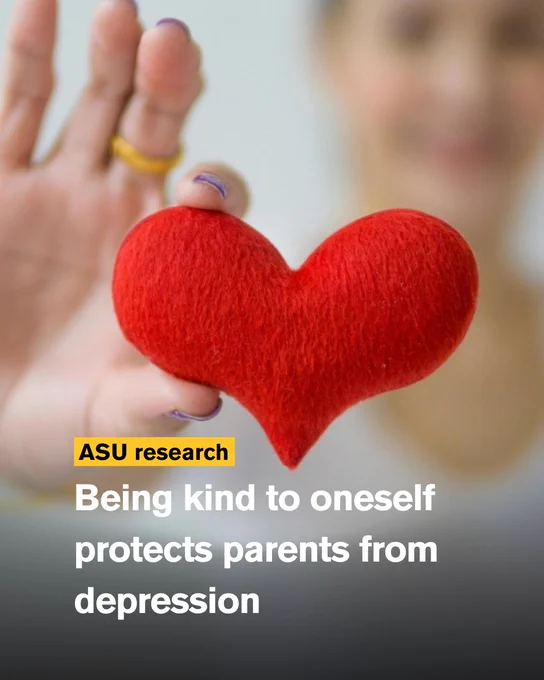 A hand holding a plush red heart with text about ASU research on kindness and depression.