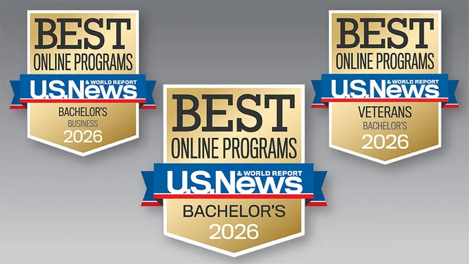 Three gold badges from U.S. News & World Report, each stating "Best Online Programs 2026." From left to right: Bachelor's Business, Bachelor's (Overall), and Veterans Bachelor's.