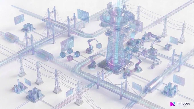Futuristic telecom infrastructure illustration showing a global intelligent communications network with interconnected data pipelines, SMS routing systems, carrier-grade switching infrastructure, enterprise messaging operations, power grids, bridges, and automated telecom processing nodes. The image represents Minutes Network’s scalable telecommunications ecosystem supporting enterprise OTP messaging, SS7 infrastructure, SMS verification, intelligent telecom routing, and real-world global communications infrastructure. Soft holographic purple and blue network architecture visualizing transparent, verifiable, high-volume telecom traffic and next-generation messaging systems.
