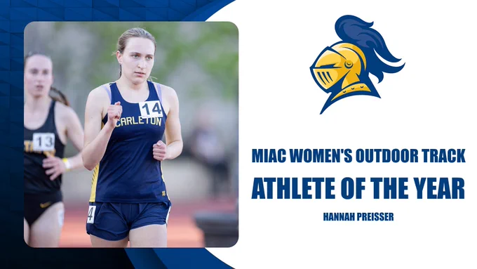 Hannah Preisser running a race; text reads, "MIAC Women's Outdoor Track Athlete of the Year"