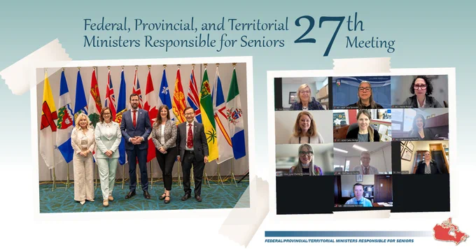 Group shot of Secretary of State McLean along with ministers in person in front of flags, and screenshot of virtual meeting participants. Text on image: Federal, Provincial and Territorial Ministers Responsible for Seniors 27th Meeting.
