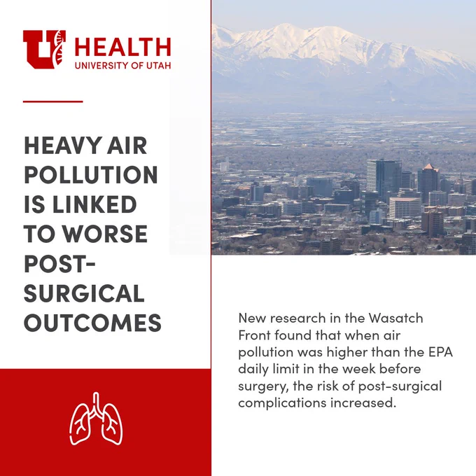 The image features a split design. On the left side, there's text under the University of Utah Health logo stating: "Heavy air pollution is linked to worse post-surgical outcomes." Below, smaller text explains new research from the Wasatch Front showing increased post-surgical complications when air pollution exceeds EPA limits. On the right side, there's a cityscape of Salt Lake City with mountains in the background, under a hazy sky.