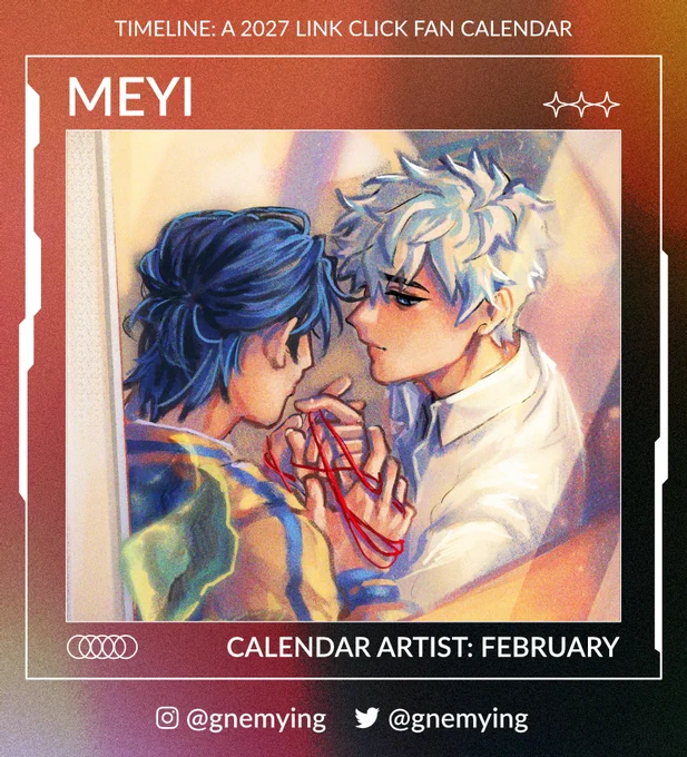 Framed by a camera UI design is the text, "Timeline: A 2027 Link Click Fan Calendar. Meyi! Calendar artist: February. @ gnemying on Instagram and Twitter." In the center is artwork by Meyi of Cheng Xiaoshi and Lu Guang seated together by a window. Lu Guang looks at Cheng Xiaoshi while Cheng Xiaoshi's expression is obscured by the camera angle. Their hands are tangled together in a red string.