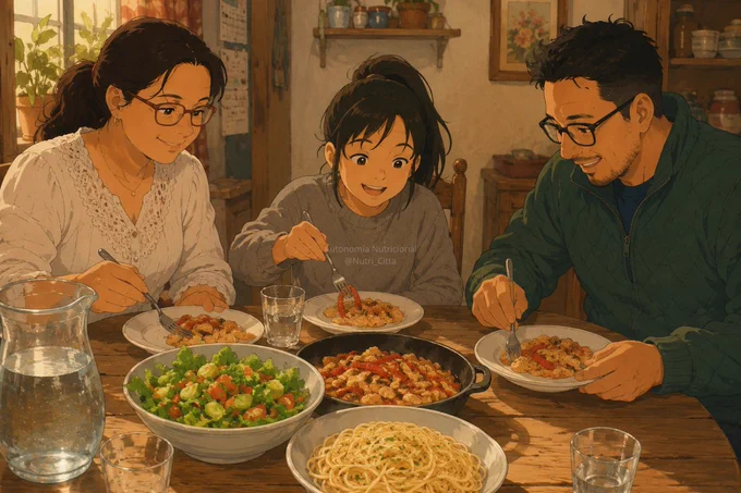Ilustración cálida y acogedora de una familia de tres (mamá con lentes, papá y una niña) compartiendo una cena feliz en la mesa. Hay un sartén con pollo salteado con pimientos y champiñones, un bowl grande de ensalada fresca, pasta y vasos de agua. Representa un momento real y nutritivo de comida familiar en casa. Estilo anime suave con luz cálida.