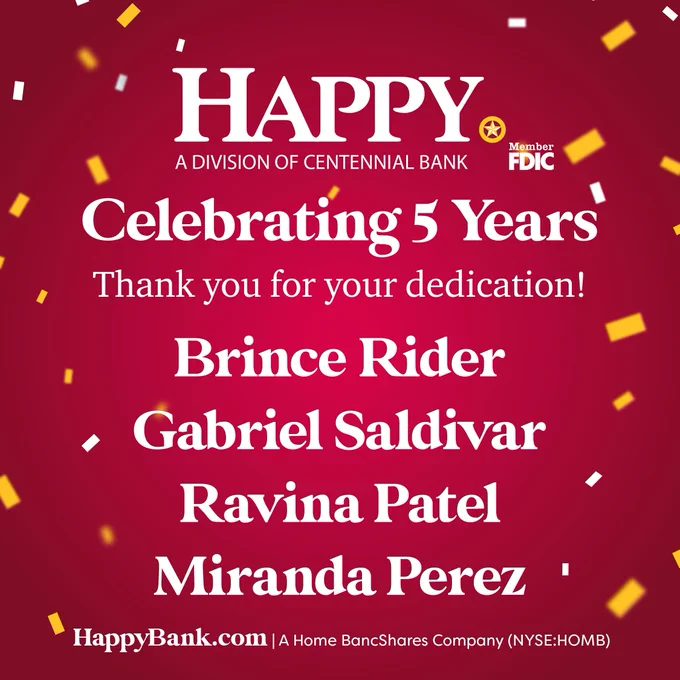 Happy Bank celebrates 5 years of service with appreciation for Brince Rider, Gabriel Saldivar, Ravina Patel, and Miranda Perez.