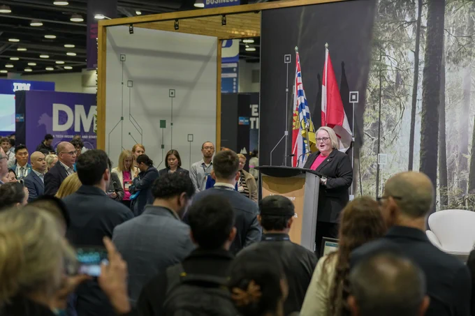 The Honourable Jill McKnight, Minister of Veterans Affairs and Associate Minister of National Defence, speaks to an audience at the Canada Connect domestic trade reception at Web Summit Vancouver 2026.