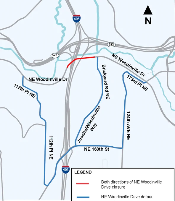 A detour map for the closure, marked in red, of East Riverside Drive/Northeast Woodinville Drive at the I-405 interchange in Bothell. Marked in blue are the signed detours, which uses 112th Place Northeast, Northeast 160th Street, Juanita/Woodinville Way, Brickyard Road Northeast, 124th Avenue Northeast, and 173rd Place Northeast to get around the closure points.