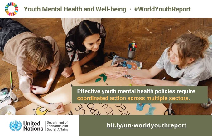 Youth mental health cannot be addressed by the health sector alone.

@UNDESA’s #WorldYouthReport highlights the need for coordinated action across education, employment, social protection, and community services.

https://bit.ly/un-wyr2025
#YouthMentalHealth