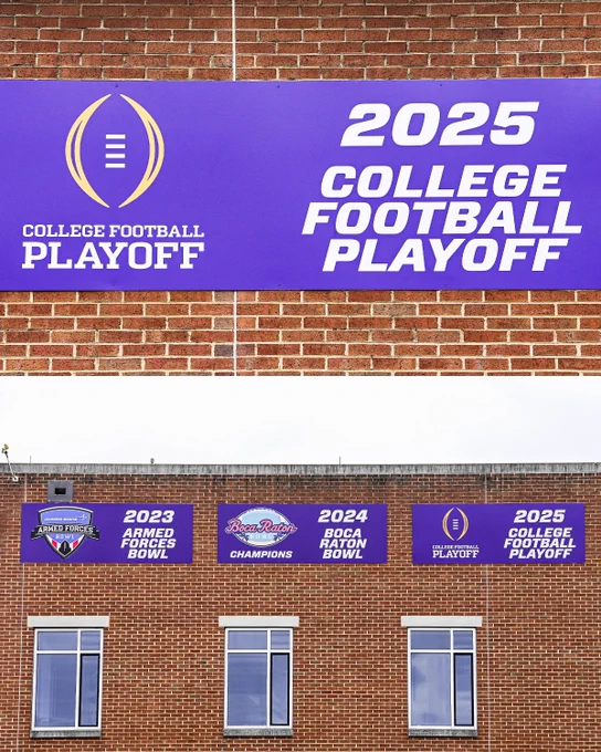 Stacked photo with the top zoomed in on the 2025 College Football Playoff sign, and the bottom showing the Dukes' signs from previous bowl games.
