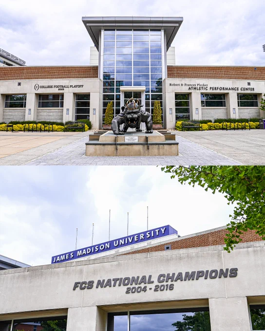Stacked photo with the top showing the Robert & Frances Plecker Athletic Performance Center, and the bottom showing the "FCS National Champions" sign.