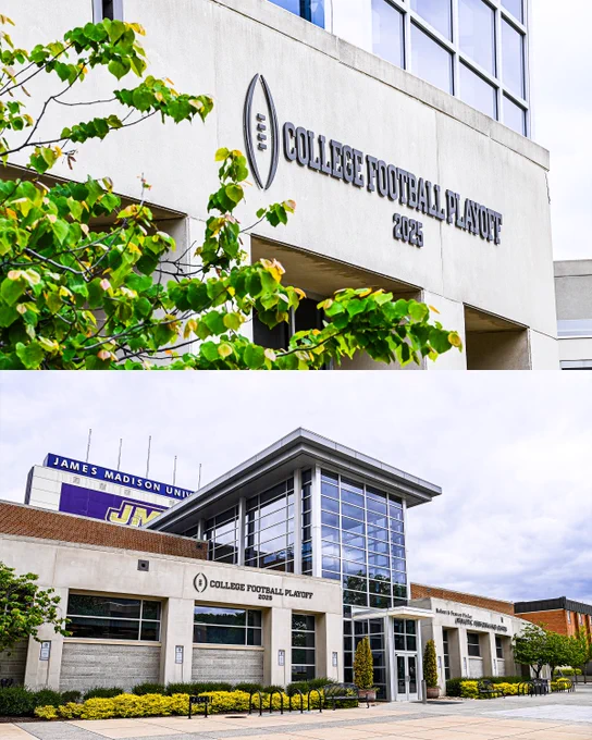 Stacked image with the top showing the new "College Football Playoff" signage, and the bottom showing the Robert & Frances Plecker Athletic Performance Center.