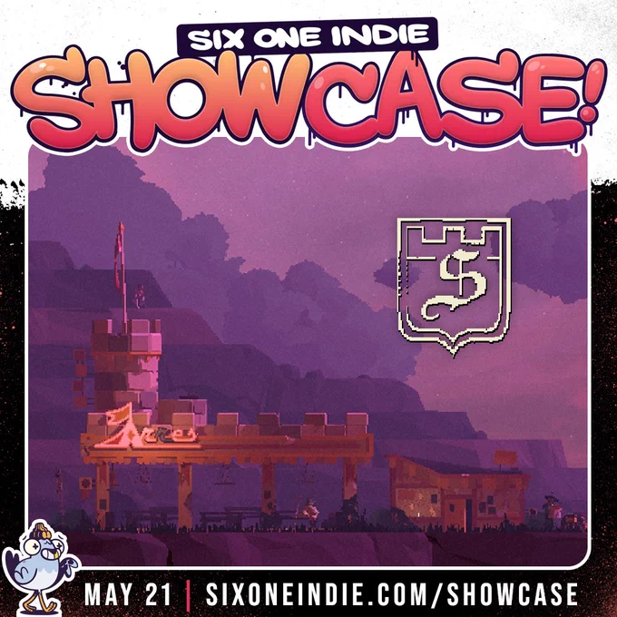 A promotion for a video game showcase featuring a low-poly medieval rest stop surrounded by a pink and purple sky