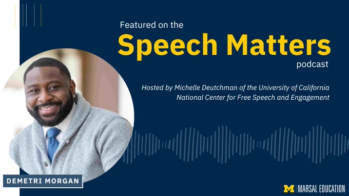Promotional graphic for the “Speech Matters” podcast featuring Demetri Morgan, hosted by Michelle Deutchman, with Marsal Education branding and an audio waveform design.