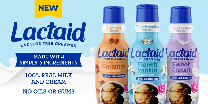 Three bottles of Lactaid lactose-free creamer are displayed against a light blue background with milk splashes at the bottom. The flavors are Caramel, French Vanilla, and Sweet Cream. Each bottle highlights the tagline "Made with Simply 5 Ingredients." The text above the bottles promotes "100% Real Milk and Cream" and "No Oils or Gums.