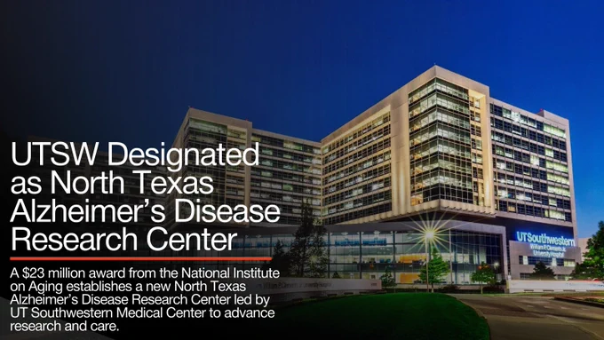 The image shows a large, modern building with the text "UT Southwestern" illuminated on the side. The foreground features landscaped greenery. Overlay text reads: "UTSW Designated as North Texas Alzheimer’s Disease Research Center." A subtext highlights a $23 million award from the National Institute on Aging for research advancements.