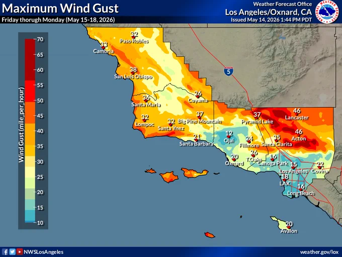 Peak wind gusts expected this weekend