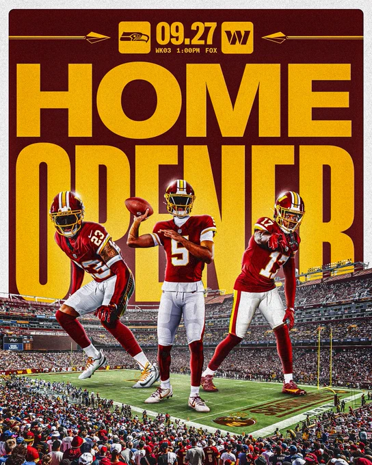 Graphic. It features cutouts of Trey Amos, Jayden Daniels and Terry McLaurin on the field at Northwest Stadium. It says "home opener" behind them.