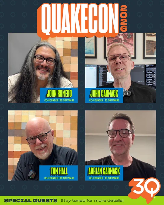 Image showcasing that the 4 co-founders of id Software (John Romero, John Carmack, Tom Hall, and Adrian Carmack) will be special guests at this year’s QuakeCon. With the text, “Stay tuned for more details!” at the bottom.