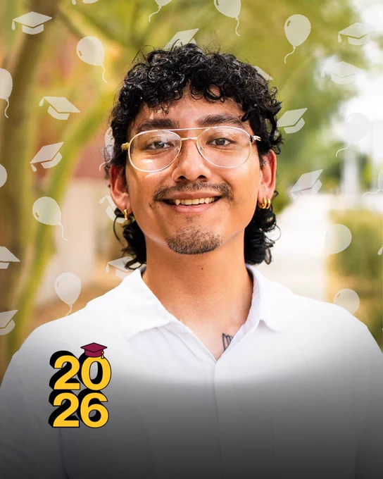 Jenaro Hernandez smiling outdoors with overlay graphics of balloons, graduation caps, and "2026."
