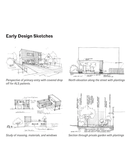Page titled “Early Design Sketches” showing four architectural concept drawings with captions on entry, elevation, massing, and garden section.