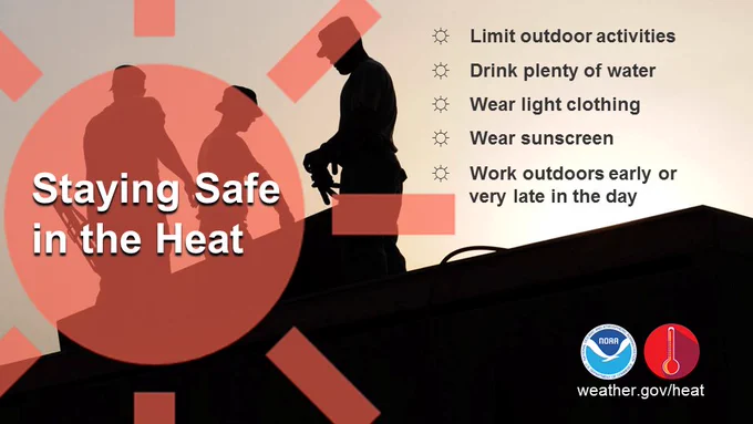 Staying Safe in the Heat: Limit outdoor activities. Drink plenty of water. Wear light clothing. Wear sunscreen. Work outdoors early or very late in the day.