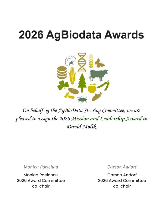 The 2026 AgBiodata Awards announcement, featuring an agricultural-themed graphic with plants, animals, and a DNA strand. The text states that the 2026 Mission and Leadership Award is assigned to David Molik, on behalf of the AgBiodata Steering Committee. Names mentioned: Monica Poelchau and Carson Andorf, listed as 2026 Award Committee co-chairs.