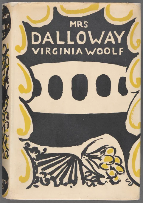A cream-colored book jacket with black and yellow modernist illustration of a bouquet of flowers, with cream text reading "Mrs. Dalloway / Virginia Woolf."

William Beekman Collection of Virginia Woolf and Her Circle, Henry W. and Albert A. Berg Collection of English and American Literature. #NYPLDigitalCollections ID: 58480230.