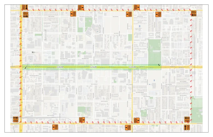 City map showing a green section of Main street that will be closed, and a rectangular route marked with detour icons surrounding it.