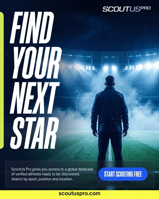 A promotional graphic for ScoutUs Pro, showcasing a lone figure standing on a stadium field with spotlights illuminating. The text emphasizes discovering new athletic talent.