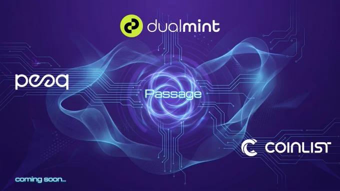 Infographic showing @peaq, @DualMintRWA, and @CoinList connected by the Passage access layer for on-chain capital markets.