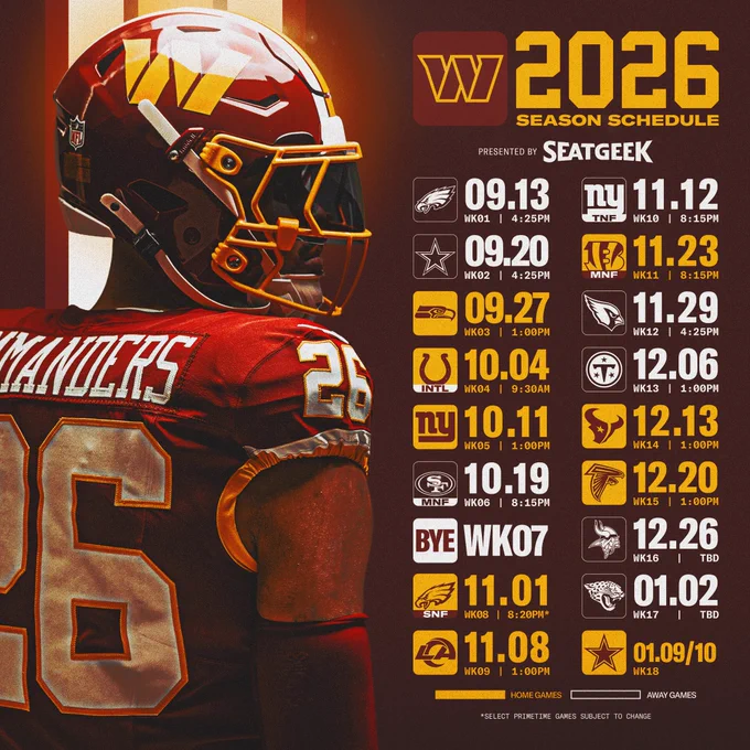 Graphic. It features the 2026 Commanders schedule.