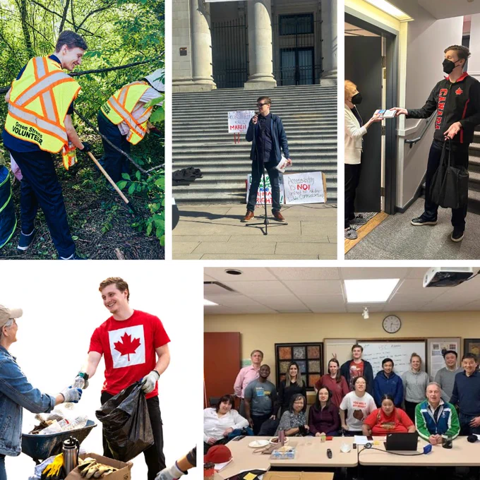 An assortment of images of a man volunteering, including him using a shovel at a community cleanup, speaking at an event, and handing out items to seniors