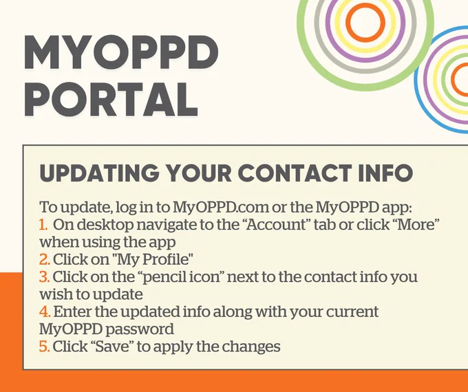 Step-by-step instructions for updating contact info on the MyOPPD portal via website or app.