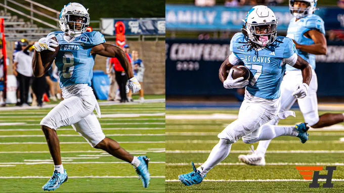 Split photo of Samual Gbatu Jr., on the left running in a football game with Stacy Dobbins on the right running in a different photo with both wearing the "Aqua Blue" Tahoe jerseys.