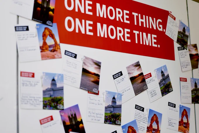Vision wall with copy "One more thing, one more time," a key theme for this week