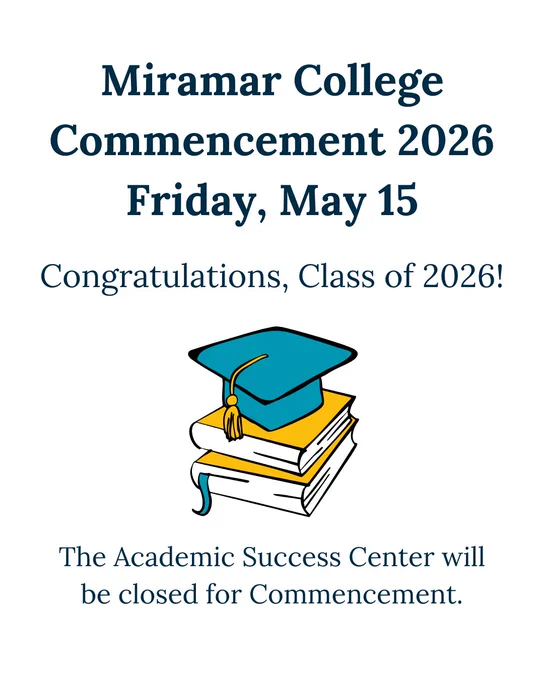 On a plain white background, there is a large heading in black text centered at the top. Underneath that is a smaller heading in black congratulating the Class of 2026. There is clip art of a teal mortarboard with a gold tassel sitting on top of 2 gold books that are stacked. At the bottom of the image is a smaller heading in black text stating that the ASC will be closed for Commencement.