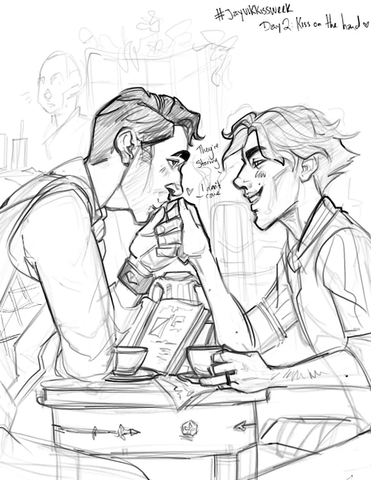 a sketchy drawing of jayce and viktor, having breakfast together at a cafe. A tiny table is laid out between them, just big enough for two cups of coffee, a carafe, and Jayce's book. Jayce leans forward, bringing Viktor's knuckles to his lips to kiss. Viktor, one hand occupied with Jayce's affection, holds onto his coffee in his left hand, on which he wears a ring. Viktor is smiling with all of his teeth, while Jayce looks up at Viktor sweetly. there is a gestural drawing of a waiter behind them looking back at the display. V: They're staring. J: I don't care.