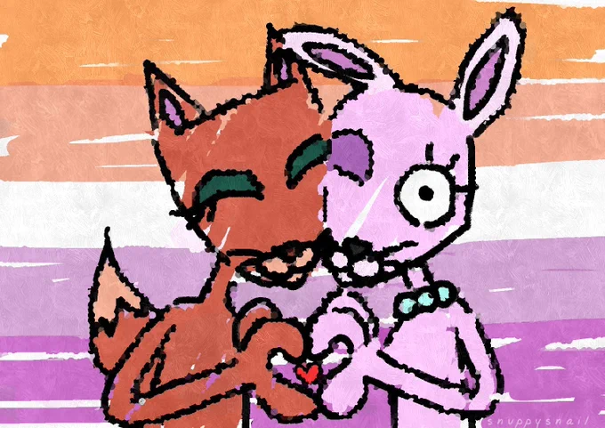 Kitty and Bunny from Courage the Cowardly Dog (The Mask episode) doing a heart hands pose together.
They're in LOVE.
They're MARRIED.
Oh also the lesbian flag is the background.