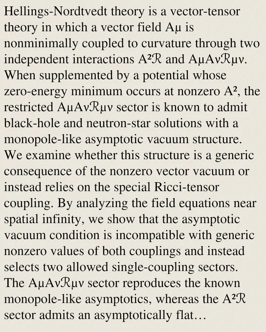 Hellings-Nordtvedt theory is a vector-tensor theory in which a vector field Aμ is nonminimally coupled to curvature through two independent interactions A²ℛ and AμAνℛμν. When supplemented by a potential whose zero-energy minimum occurs at nonzero A², the restricted AμAνℛμν sector is known to admit black-hole and neutron-star solutions with a monopole-like asymptotic vacuum structure. We examine whether this structure is a generic consequence of the nonzero vector vacuum or instead relies on the special Ricci-tensor coupling. By analyzing the field equations near spatial infinity, we show that the asymptotic vacuum condition is incompatible with generic nonzero values of both couplings and instead selects two allowed single-coupling sectors. The AμAνℛμν sector reproduces the known monopole-like asymptotics, whereas the A²ℛ sector admits an asymptotically flat Schwarzschild metric with a nontrivial radial vector field. We further compute the Noether mass in the A²ℛ sector, derive the cor