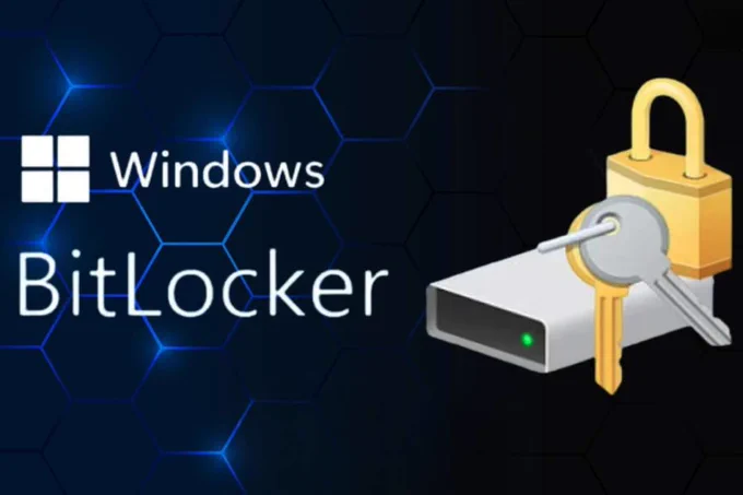 Digital graphic featuring Windows BitLocker text alongside an illustration of a computer drive, a lock, and keys.