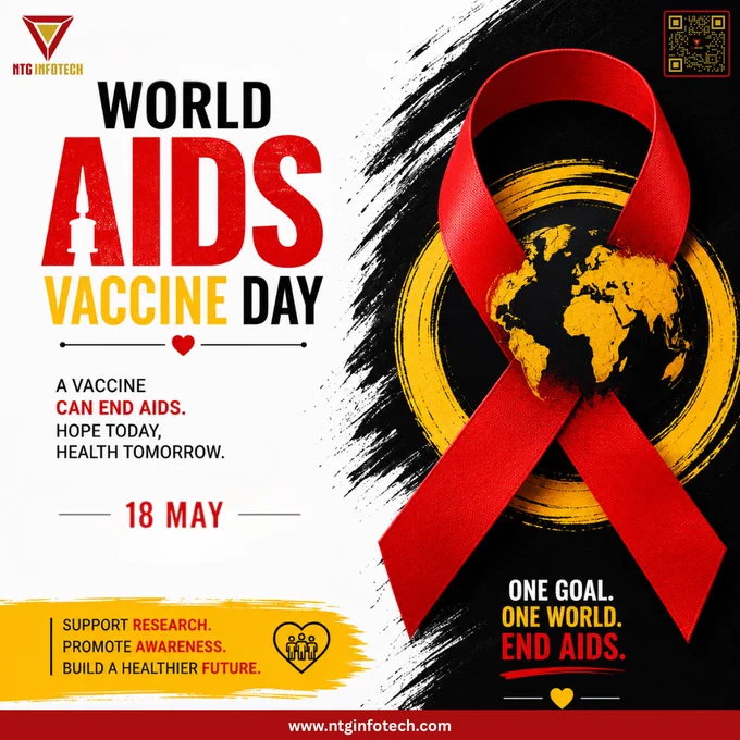 Professional World AIDS Vaccine Day poster by NTG Infotech with red ribbon symbol, awareness message, and advocacy for ending AIDS worldwide.