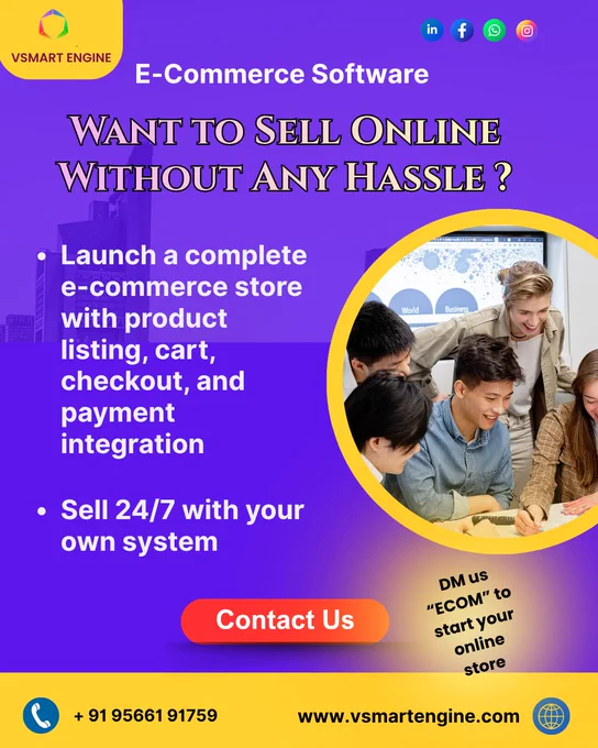 Want to sell online without any hassle?
Launch your own powerful e-commerce store with everything you need to grow your business online!

✅ Product Listing
✅ Shopping Cart
✅ Secure Checkout
✅ Payment Integration
✅ 24/7 Online Selling

💡 Start your digital business journey with a complete e-commerce solution built for success.

📩 DM us “ECOM” to launch your online store today!

📞 Contact:  91 95661 91759
🌐 Website: www.vsmartengine.com