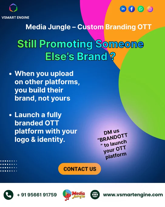 Why promote someone else’s platform when you can create your own branded OTT experience? 🌟

✅ Launch a fully customized OTT platform
✅ Showcase your own logo & brand identity
✅ Stream content your way
✅ Grow your audience on your own platform
✅ Take complete control of your content business

📢 Stop building other brands — start building YOURS today!

📩 DM us “BRANDOTT” to launch your custom OTT platform.

📞 Contact:  91 95661 91759
🌐 Website: www.vsmartengine.com