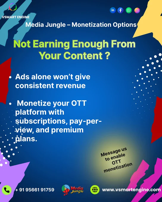 💡 Turn viewers into subscribers
💡 Earn through pay-per-view & premium plans
💡 Build steady and scalable revenue streams
💡 Maximize profits from your OTT platform
💡 Grow your audience with smarter monetization tools

Stop depending only on ads — start building recurring income today! 📈🔥

📩 Message us to enable OTT monetization
🌐 Website: www.vsmartengine.com
📞 Contact:  91 95661 91759